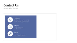 Contact Us
Your great subtitle write here
Address
Street Number, City, State 0157
Phone
+001 123 456 7890
Email
example@yourmail.com
 