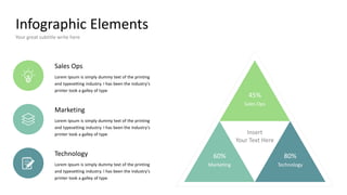 Infographic Elements
Your great subtitle write here
Sales Ops
Lorem Ipsum is simply dummy text of the printing
and typesetting industry. I has been the industry's
printer took a galley of type
Marketing
Lorem Ipsum is simply dummy text of the printing
and typesetting industry. I has been the industry's
printer took a galley of type
Technology
Lorem Ipsum is simply dummy text of the printing
and typesetting industry. I has been the industry's
printer took a galley of type
Sales Ops
45%
Marketing
60%
Technology
80%
Insert
Your Text Here
 