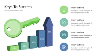 Keys To Success
Your great subtitle write here
Insert text here
Lorem Ipsum is simply dummy text of
the printing typesetting industry.
Insert text here
Lorem Ipsum is simply dummy text of
the printing typesetting industry.
Insert text here
Lorem Ipsum is simply dummy text of
the printing typesetting industry.
25%
38%
45%
65%
87%
Insert text here
Lorem Ipsum is simply dummy text of
the printing typesetting industry.
 