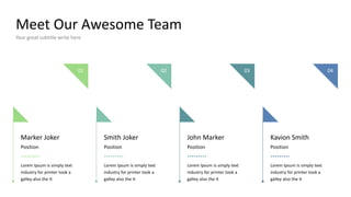 Meet Our Awesome Team
Your great subtitle write here
Position
Lorem Ipsum is simply text
industry for printer took a
galley also the It
Marker Joker
Position
Lorem Ipsum is simply text
industry for printer took a
galley also the It
Smith Joker
Position
Lorem Ipsum is simply text
industry for printer took a
galley also the It
John Marker
Position
Lorem Ipsum is simply text
industry for printer took a
galley also the It
Kavion Smith
01 02 03 04
 