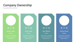 Company Ownership
Your great subtitle write here
Lorem Ipsum is simply text
industry for printer took a
galley also the It
Lorem Ipsum is simply text
industry for printer took a
galley also the It
Lorem Ipsum is simply text
industry for printer took a
galley also the It
Lorem Ipsum is simply text
industry for printer took a
galley also the It
Position Position Position Position
Marker Joker Smith Joker John Marker Kavion Smith
 