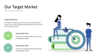 Our Target Market
Your great subtitle write here
Insert text here
Lorem Ipsum is simply dummy text of the printing and typesetting
industry Ipsum has been industry standard dummy text ever since the
when an unknown printer
Insert text here
Lorem Ipsum is simply dummy text the printing
and typesetting industry
Insert text here
Lorem Ipsum is simply dummy text the printing
and typesetting industry
48%
65%
 