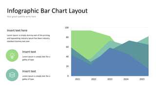 Infographic Bar Chart Layout
Your great subtitle write here
0
20
40
60
80
100
2021 2022 2023 2024 2025
Insert text here
Lorem Ipsum is simply dummy text of the printing
and typesetting industry Ipsum has been industry
standard dummy text ever
Insert text
Lorem Ipsum is simply text the a
galley of type
Insert text
Lorem Ipsum is simply text the a
galley of type
 