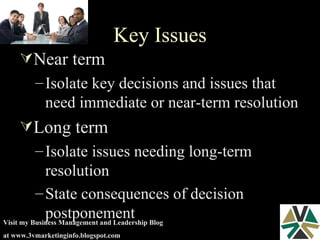 Key Issues Near term Isolate key decisions and issues that need immediate or near-term resolution Long term Isolate issues needing long-term resolution State consequences of decision postponement 