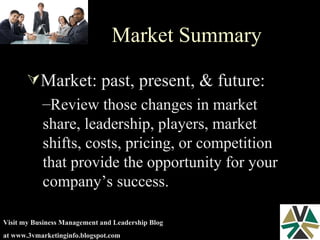 Market Summary Market: past, present, & future: Review those changes in market share, leadership, players, market shifts, costs, pricing, or competition that provide the opportunity for your company’s success. 
