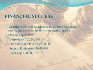 FINANCIAL SUCCESS

 We believe this will be achieved by offering high-quality
  service and excellent food with an intere...