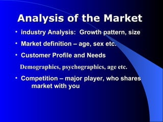 Analysis of the Market
• industry Analysis: Growth pattern, size
• Market definition – age, sex etc.
• Customer Profile and Needs
 Demographics, psychographics, age etc.
• Competition – major player, who shares
    market with you
 