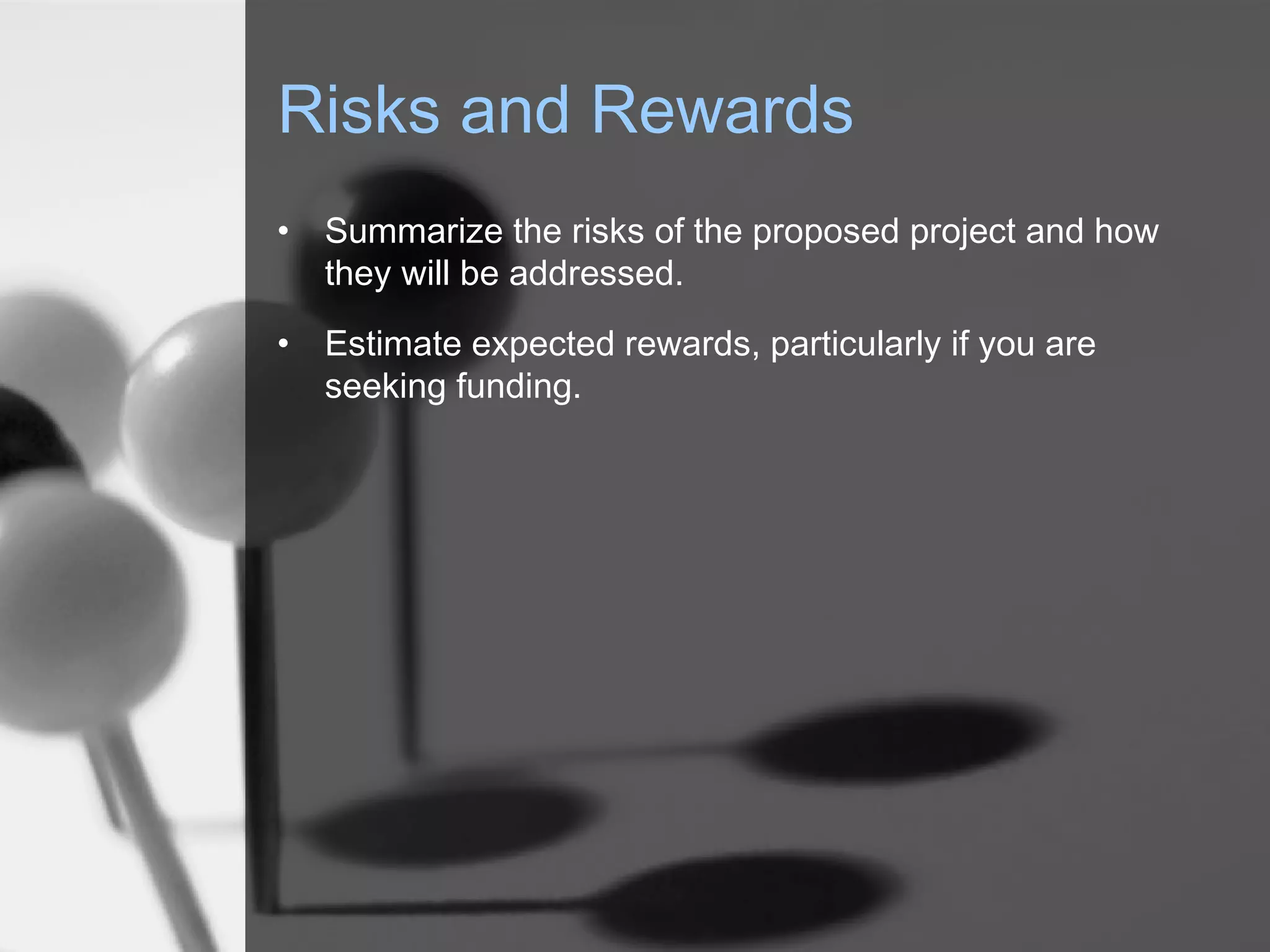 Risks and Rewards
• Summarize the risks of the proposed project and how
they will be addressed.
• Estimate expected rewards, particularly if you are
seeking funding.
 