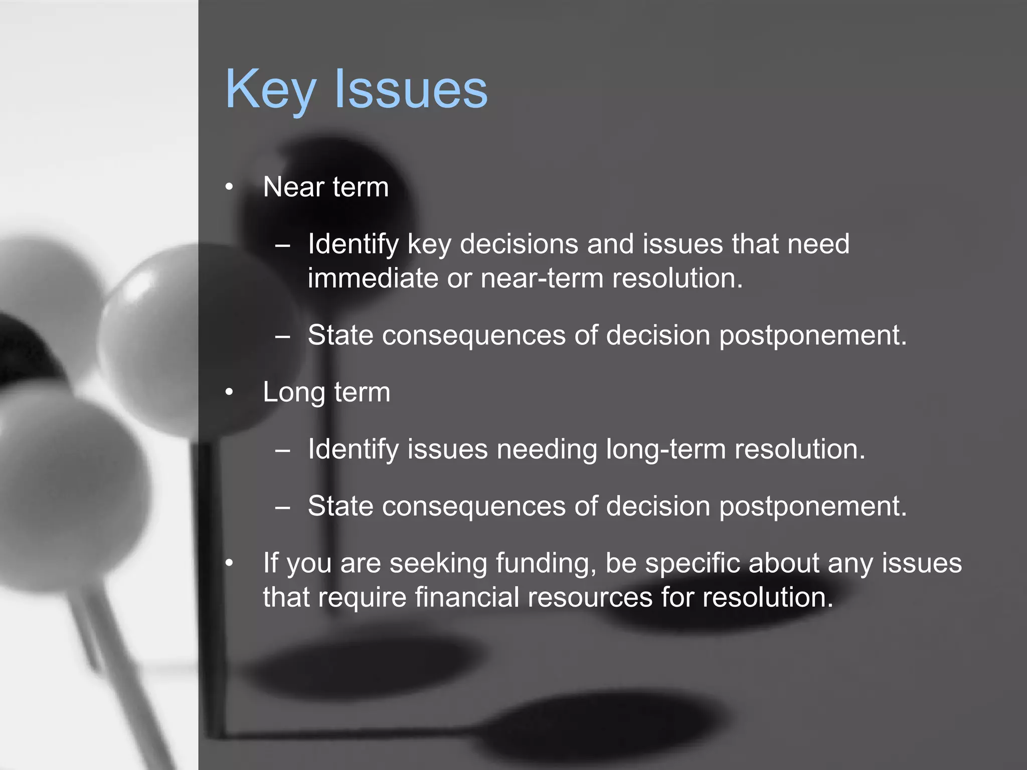 Key Issues
• Near term
– Identify key decisions and issues that need
immediate or near-term resolution.
– State consequences of decision postponement.
• Long term
– Identify issues needing long-term resolution.
– State consequences of decision postponement.
• If you are seeking funding, be specific about any issues
that require financial resources for resolution.
 