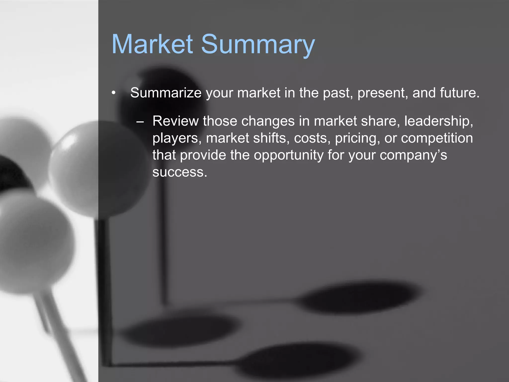 Market Summary
• Summarize your market in the past, present, and future.
– Review those changes in market share, leadership,
players, market shifts, costs, pricing, or competition
that provide the opportunity for your company’s
success.
 