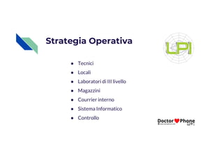 Strategia Operativa
● Tecnici
● Locali
● Laboratori di III livello
● Laboratori di III livello
● Magazzini
● Courrier interno
● Sistema Informatico
● Controllo
 