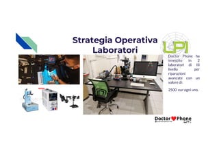Strategia Operativa
Laboratori
Doctor Phone ha
investito in 2
laboratori di III
livello per
riparazioni
avanzate con un
avanzate con un
valore di:
2500 eur ogni uno.
 