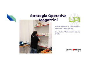 Tutte le settimane si fanno inventari
aleatori nei 3 centri operativi .
Jesus Kesler e Vladimir stanno a carico
Strategia Operativa
Magazzini
Jesus Kesler e Vladimir stanno a carico
di farlo.
 