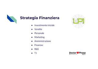 ● Investimento iniziale
● Vendite
● Personale
Strategia Finanziera
● Marketing
● Amministrazione
● Finanzas
● R&S
● T.I
 