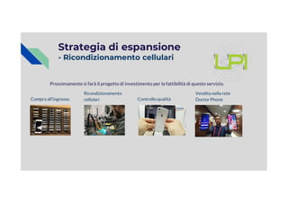 Strategia di espansione
- Ricondizionamento cellulari
Compra all’ingrosso
Ricondizionamento
cellulari Controllo qualità
Vendita nella rete
Doctor Phone
Prossimamente si farà il progetto di investimento per la fattibilità di questo servizio.
Compra all’ingrosso cellulari Controllo qualità Doctor Phone
 