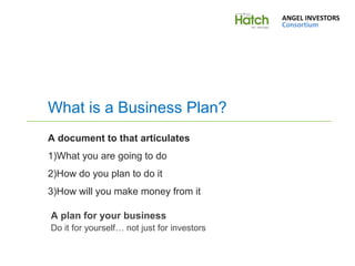 What is a Business Plan?
A document to that articulates
1)What you are going to do
2)How do you plan to do it
3)How will you make money from it

A plan for your business
Do it for yourself… not just for investors
 