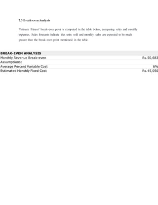 7.3 Break-evenAnalysis
Platinum Fitness' break-even point is computed in the table below, comparing sales and monthly
expenses. Sales forecasts indicate that units sold and monthly sales are expected to be much
greater than the break-even point mentioned in the table.
BREAK-EVEN ANALYSIS
Monthly Revenue Break-even Rs.50,683
Assumptions:
Average Percent Variable Cost 6%
Estimated Monthly Fixed Cost Rs.45,050
 
