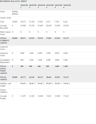RO FORMA BALANCE SHEET
MONTH
1
MONTH
2
MONTH
3
MONTH
4
MONTH
5
MONTH
6
Assets Starting
Balances
Current Assets
Cash 10,000 38,471 21,184 13,852 9,231 7,242 8,423
Accounts
Receivable
0 10,500 22,750 25,680 28,650 34,580 42,850
Other Current
Assets
0 0 0 0 0 0 0
TOTAL
CURRENT
ASSETS
10,000 48,971 43,934 39,532 37,881 41,822 51,273
Long-term
Assets
Long-term
Assets
0 $800 1,600 2,400 3,200 4,000 4,800
Accumulated
Depreciation
0 600 1,200 1,800 2,400 3,000 3,600
TOTAL
LONG-
TERM
ASSETS
0 200 400 600 800 1,000 1,200
TOTAL
ASSETS
10,000 49,171 44,334 40,132 38,681 42,822 52,473
Liabilities and
Capital
Month 1 Month 2 Month 3 Month 4 Month 5 Month 6
Current
Liabilities
Accounts
Payable
0 11,479 12,320 13,040 13,881 15,809 17,616
 
