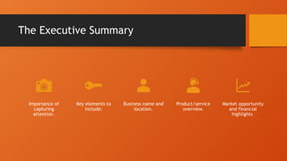 The Executive Summary
Importance of
capturing
attention.
Key elements to
include:
Business name and
location.
Product/service
overview.
Market opportunity
and financial
highlights.
 