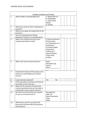 business plan questionnaire for customers