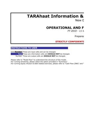 TARAhaat Information & Mark
                                                                                 New Delhi, Ind

                                            OPERATIONAL AND FINANCI
                                                                       FY 2010 - 11 through FY 2

                                                                                Prepared August 20

                                                        STRICTLY CONFIDENTIAL. NOT F

INSTRUCTIONS TO USER

     Number These are input cells and can be changed.
        Text These are information cells and SHOULD NOT be changed.
      Number These are output cells are SHOULD NOT be changed.

Please refer to "Model Flow" to understand the structure of the model.
For running sensitivity, please utilize the option provided in "Summary".
For running equity infusion & debt related exercises, please refer to "Cash Flow (INR)" and "Funding Details
 