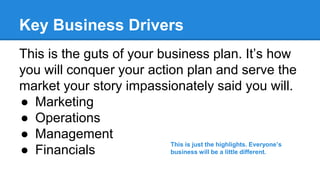 Key Business Drivers
This is the guts of your business plan. It’s how
you will conquer your action plan and serve the
mark...
