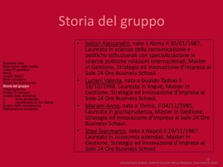 Storia del gruppo
                                         • Isidori Alessandro, nato a Roma il 30/01/1987.
                                           Laureato in scienze della comunicazione e
                                           politiche istituzionali con specializzazione in
Business idea                              scienze politiche relazioni internazionali, Master
Motivazioni della scelta
Value Proposition
                                           in Gestione, Strategia ed Innovazione d’impresa al
Menù
Analisi SWOT
                                           Sole 24 Ore Business School.
Sfide prioritarie
Scopo del documento                      • Luciani Valeria, nata a Gualdo Tadino il
Storia del gruppo
Organigramma
                                           18/10/1988. Laureata in lingue, Master in
Analisi di mercato
Analisi della domanda
                                           Gestione, Strategia ed Innovazione d’impresa al
1.       Area territoriale                 Sole 24 Ore Business School.
2.       Identificazione del cliente
Analisi della concorrenza
Elaborazione numerica
                                         • Mariani Anna, nata a Torino, il 04/11/1985.
                                           Laureata in giurisprudenza, Master in Gestione,
                                           Strategia ed Innovazione d’impresa al Sole 24 Ore
                                           Business School.
                                         • Stasi Gianmarco, nato a Napoli il 19/11/1987.
                                           Laureato in economia aziendali, Master in
                                           Gestione, Strategia ed Innovazione d’impresa al
                                           Sole 24 Ore Business School.
                                                                                                                  10
                                                         Alessandro Isidori, Valeria Luciani Anna Mariani, Gianmarco Stasi
 