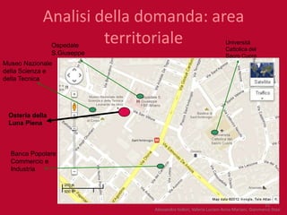 Analisi della domanda: area
                     territoriale
                 Ospedale                                         Università
                                                                  Cattolica del
                 S.Giuseppe                                       Sacro Cuore
Museo Nazionale
della Scienza e
della Tecnica




 Osteria della
 Luna Piena



  Banca Popolare
  Commercio e
  Industria




                                                                                       15
                              Alessandro Isidori, Valeria Luciani Anna Mariani, Gianmarco Stasi
 