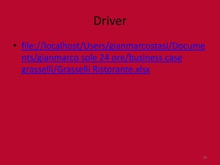 Driver
• file://localhost/Users/gianmarcostasi/Docume
  nts/gianmarco sole 24 ore/business case
  grasselli/Grasselli Ristorante.xlsx




                                             24
 