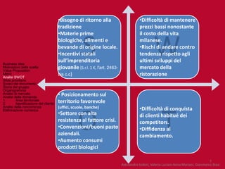 •Bisogno di ritorno alla                          •Difficoltà di mantenere
                                       tradizione                                        prezzi bassi nonostante
                                       •Materie prime                                    il costo della vita




Business idea
Motivazioni della scelta
                                                     S
                                       biologiche, alimenti e
                                       bevande di origine locale.
                                       •Incentivi statali
                                       sull’imprenditoria
                                       giovanile (S.r.l. 1 €, l'art. 2463-
                                                                                         milanese.

                                                                                                  W
                                                                                         •Rischi di andare contro
                                                                                         tendenza rispetto agli
                                                                                         ultimi sviluppi del
                                                                                         mercato della
Value Proposition
Menù                                   bis c.c)                                          ristorazione
Analisi SWOT
Sfide prioritarie
Scopo del documento
Storia del gruppo
Organigramma
Analisi di mercato
Analisi della domanda
                                       • Posizionamento sul
1.
2.
         Area territoriale
         Identificazione del cliente
                                       territorio favorevole
Analisi della concorrenza              (uffici, scuole, banche)                          •Difficoltà di conquista


                                                  O                                                    T
Elaborazione numerica
                                       •Settore con alta                                 di clienti habitué dei
                                       resistenza al fattore crisi.                      competitors.
                                       •Convenzioni/buoni pasto                          •Diffidenza al
                                       aziendali.                                        cambiamento.
                                       •Aumento consumi
                                       prodotti biologici

                                                                                                                                       7
                                                                             Alessandro Isidori, Valeria Luciani Anna Mariani, Gianmarco Stasi
 