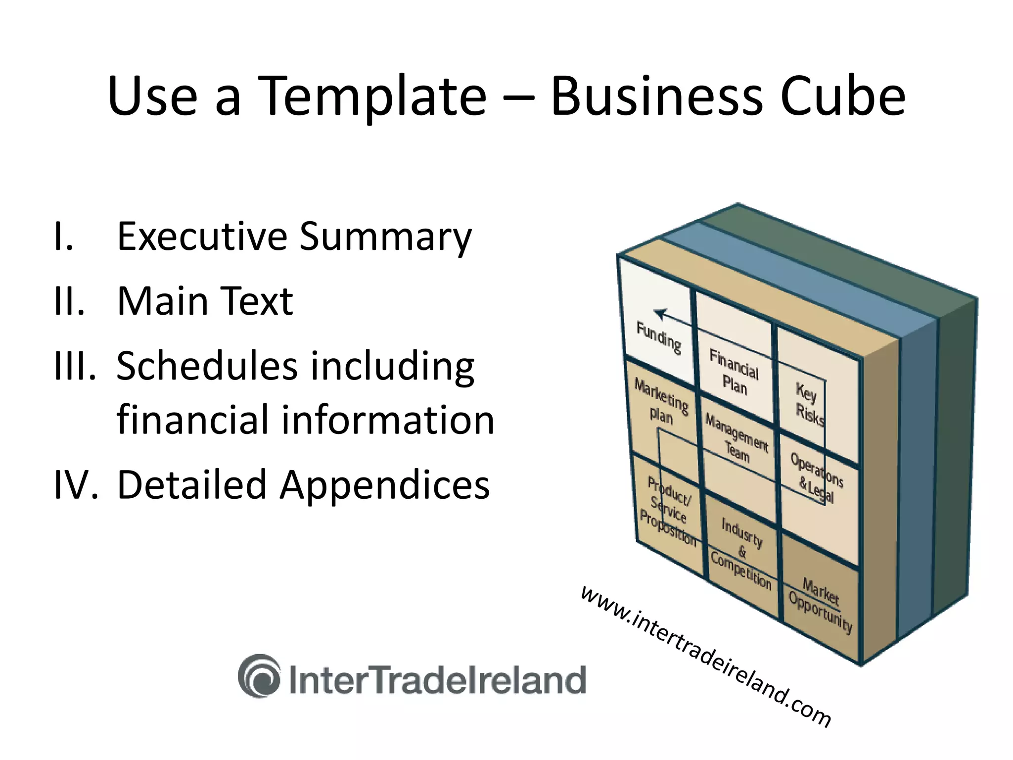 Use a Template – Business Cube
I. Executive Summary
II. Main Text
III. Schedules including
financial information
IV. Detailed Appendices
 