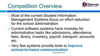 Competition Overview
 Most of the current Student Information
Management Systems focus on effort reduction
for the school administration
 Current software systems have modules for
administrative tasks like admissions, attendance,
fees, library, inventory, payroll, transport, accounts
etc.
 Very few systems provide tools to improve
school-to-home communication
4
www.xserve.in
 