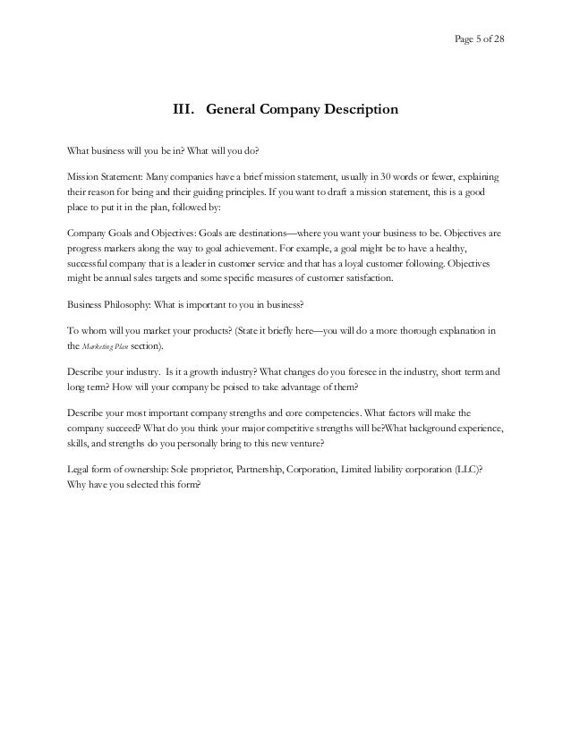 general company description business plan