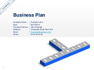 14 www.slidebooks.com14
Business Plan
Company Name:
Date:
Founders/Owners:
Address:
Email:
Phone:
Example name
08/10/2014
...