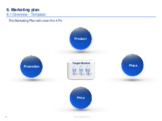 44 www.slidebooks.com44
Target Market
6. Marketing plan
6.1.Overview - Template
The Marketing Plan will cover the 4 Ps:
Pr...