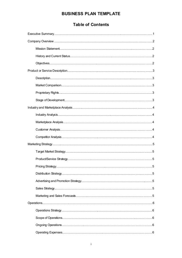 business plan table of contents