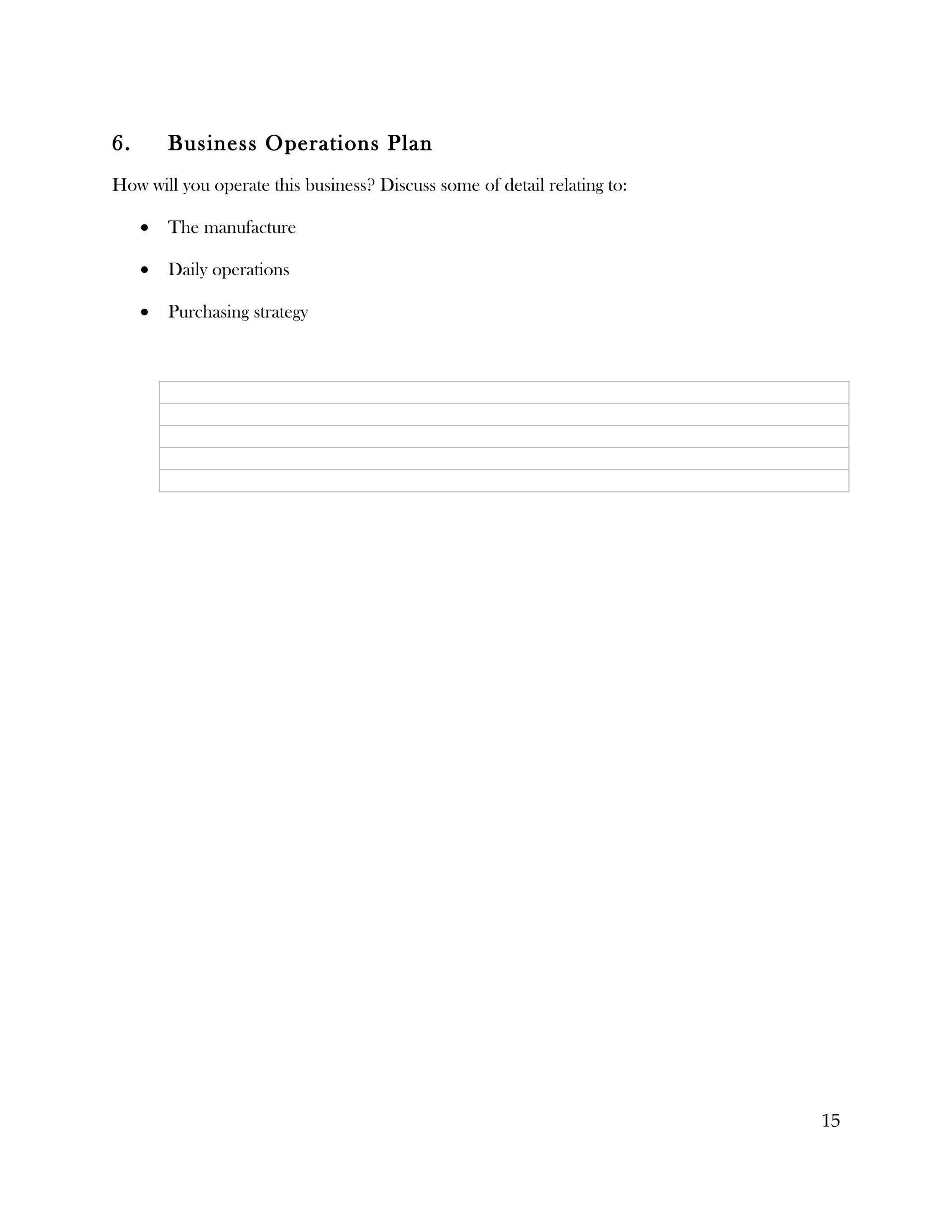 6.       Business Operations Plan
How will you operate this business? Discuss some of detail relating to:

     •   The manufacture

     •   Daily operations

     •   Purchasing strategy




                                                                          15
 