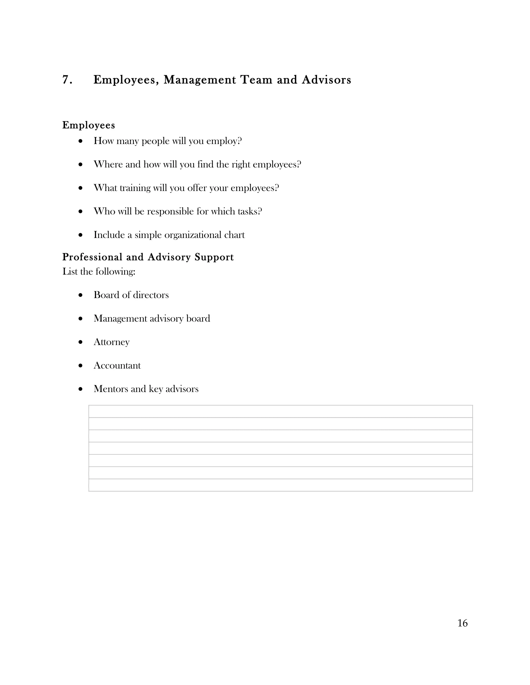 7.       Employees, Management Team and Advisors


Employees
     •   How many people will you employ?

     •   Where and how will you find the right employees?

     •   What training will you offer your employees?

     •   Who will be responsible for which tasks?

     •   Include a simple organizational chart

Professional and Advisory Support
List the following:

     •   Board of directors

     •   Management advisory board

     •   Attorney

     •   Accountant

     •   Mentors and key advisors




                                                            16
 