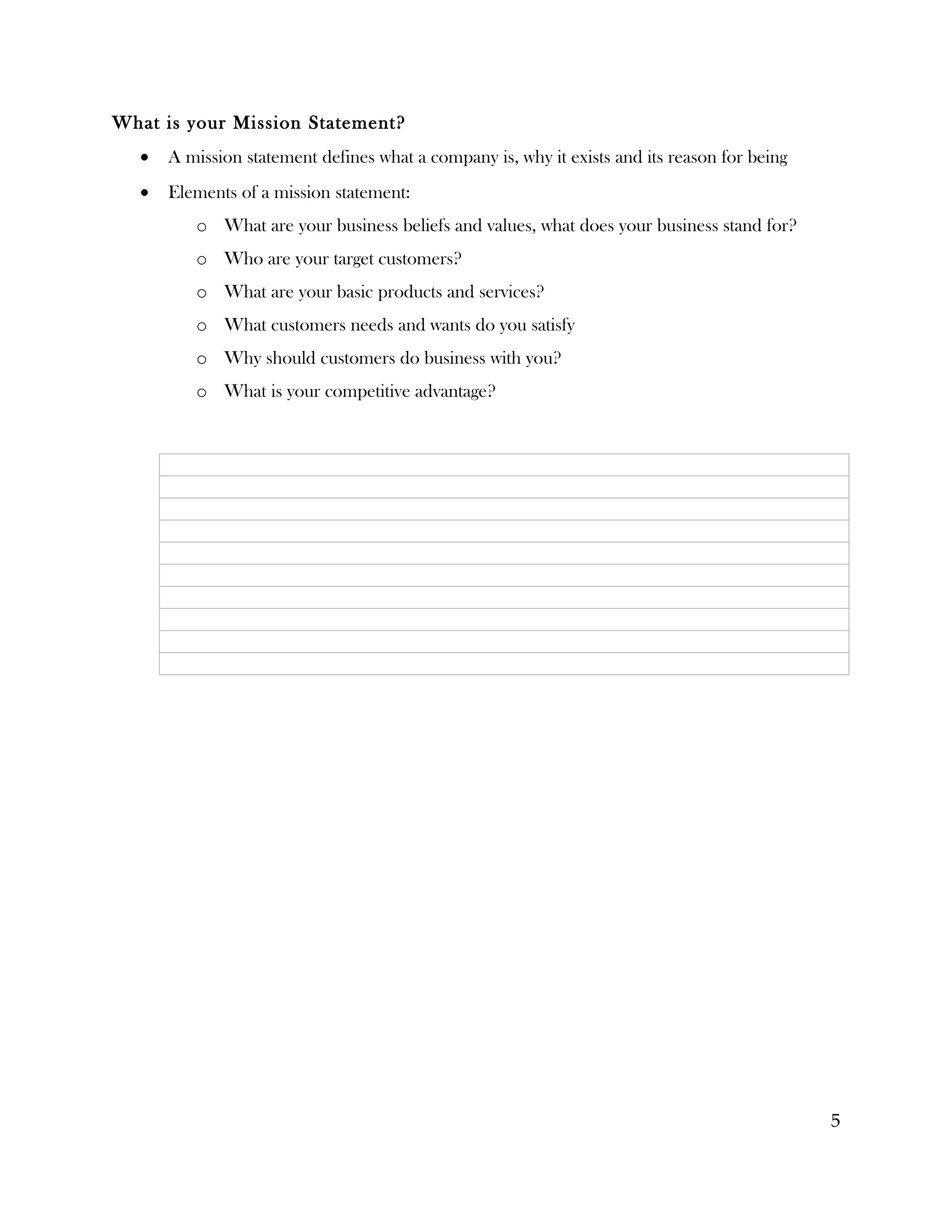 What is your Mission Statement?
  •   A mission statement defines what a company is, why it exists and its reason for being
  •   Elements of a mission statement:
         o What are your business beliefs and values, what does your business stand for?
         o Who are your target customers?
         o What are your basic products and services?
         o What customers needs and wants do you satisfy
         o Why should customers do business with you?
         o What is your competitive advantage?




                                                                                              5
 