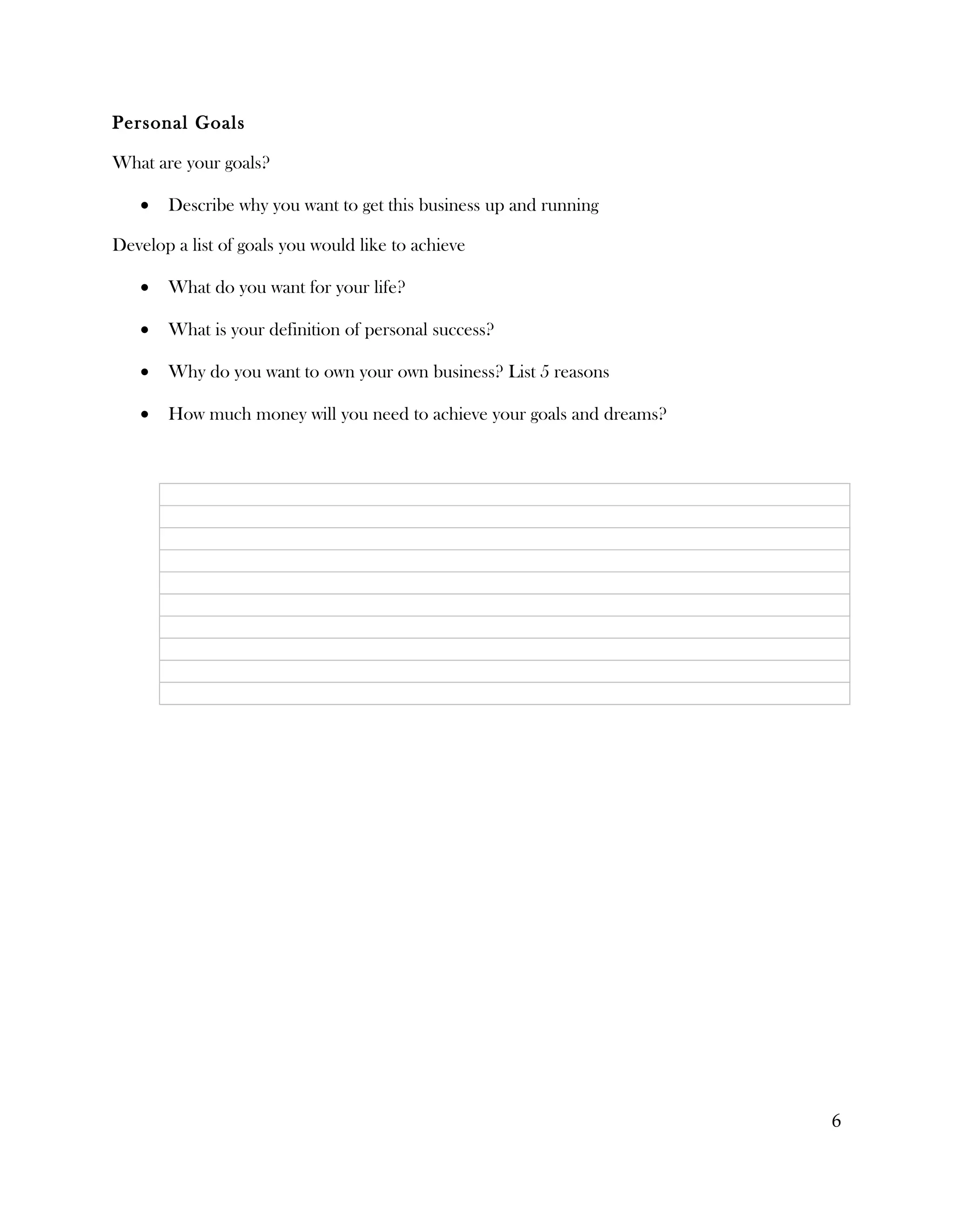 Personal Goals

What are your goals?

   •   Describe why you want to get this business up and running

Develop a list of goals you would like to achieve

   •   What do you want for your life?

   •   What is your definition of personal success?

   •   Why do you want to own your own business? List 5 reasons

   •   How much money will you need to achieve your goals and dreams?




                                                                        6
 