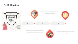 3
BHUKAD Tiffin's aims to provide individuals and
corporate with delicious and nutrition's food to
enjoy
The purpose is to provide healthy food make them
more healthconsciousness
It aims to provide meals at a clickof button being
best friend to pocket.
1 2 3
OUR Mission
 