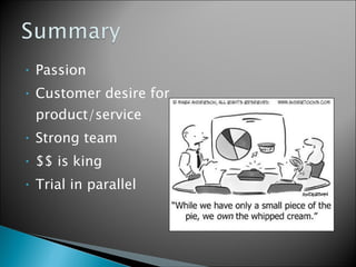 Passion Customer desire for product/service Strong team $$ is king Trial in parallel 