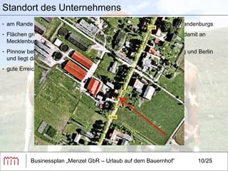 Businessplan „Menzel GbR – Urlaub auf dem Bauernhof“ 10/25 Standort des Unternehmens   am Rande der Prignitz und damit auch unmittelbar an den Grenzen Brandenburgs Flächen grenzen an das Territorium des Landkreises Ludwigslust und damit an Mecklenburg-Vorpommern Pinnow befindet sich genau zwischen den beiden Metropolen Hamburg und Berlin und liegt damit im peripheren Raum gute Erreichbarkeit durch Bus und ICE 