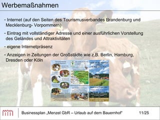 Businessplan „Menzel GbR – Urlaub auf dem Bauernhof“ 11/25 Werbemaßnahmen Internet (auf den Seiten des Tourismusverbandes Brandenburg und Mecklenburg- Vorpommern) Eintrag mit vollständiger Adresse und einer ausführlichen Vorstellung des Geländes und Attraktivitäten  eigene Internetpräsenz  Anzeigen in Zeitungen der Großstädte wie z.B. Berlin, Hamburg, Dresden oder Köln  