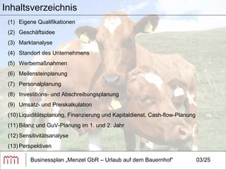 Businessplan „Menzel GbR – Urlaub auf dem Bauernhof“ 03/25 Inhaltsverzeichnis Eigene Qualifikationen Geschäftsidee Marktanalyse Standort des Unternehmens Werbemaßnahmen Meilensteinplanung Personalplanung Investitions- und Abschreibungsplanung Umsatz- und Preiskalkulation Liquiditätsplanung, Finanzierung und Kapitaldienst, Cash-flow-Planung Bilanz und GuV-Planung im 1. und 2. Jahr Sensitivitätsanalyse Perspektiven 
