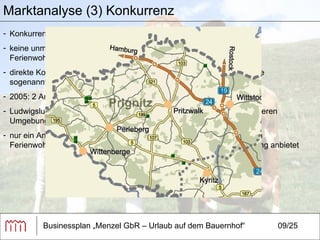 Businessplan „Menzel GbR – Urlaub auf dem Bauernhof“ 09/25 Konkurrenten in beiden Landkreisen (Prignitz und Ludwigslust) keine unmittelbare Konkurrenz: Hotels, Gaststätten, Pensionen und Ferienwohnungen direkte Konkurrenz: Reiterhöfe mit Übernachtungsmöglichkeiten und die sogenannten Heuherbergen 2005: 2 Angebote für Landurlaub in der Prignitz, heute deutlich mehr Ludwigslust: eine Heuherberge sowie drei Ferienwohnungen in der näheren Umgebung von Pinnow (max. 30 km Entfernung) nur ein Anbieter, der „Urlaub auf dem Bauernhof“ mit zwei ausgebauten Ferienwohnungen und angeschlossenem Bauernhof in 15 km Entfernung anbietet Marktanalyse (3) Konkurrenz 