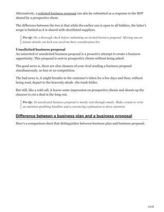 13/16
Alternatively, a solicited business proposal can also be submitted as a response to the RFP
shared by a prospective client.
The difference between the two is that while the earlier one is open to all bidders, the latter’s
scope is limited as it is shared with shortlisted suppliers.
Pro tip: Do a thorough check before submitting an invited business proposal. Missing out on-
minute details can kick you out from their consideration list.
Unsolicited business proposal ‫ڪ‬
An uninvited or unsolicited business proposal is a proactive attempt to create a business
opportunity. This proposal is sent to prospective clients without being asked.
The good news is, there are slim chances of your rival sending a business proposal
simultaneously, so less or no competition.
The bad news is, it might breathe in the customer’s inbox for a few days and then, without
being read, depart to the heavenly abode -the trash folder.
But still, like a cold call, it leaves some impression on prospective clients and shoots up the
chances to cut a deal in the long run.
Pro tip: An unsolicited business proposal is mostly sent through emails. Make certain to write
an attention-grabbing headline and a convincing explanation to draw attention.
Difference between a business plan and a business proposal
Here’s a comparison chart that distinguishes between business plan and business proposal:
 