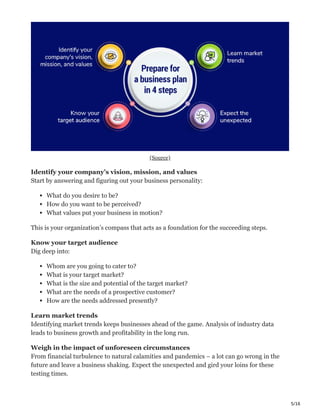 5/16
(Source)
Identify your company’s vision, mission, and values ί
Start by answering and figuring out your business personality:
What do you desire to be?
How do you want to be perceived?
What values put your business in motion?
This is your organization’s compass that acts as a foundation for the succeeding steps.
Know your target audience ǑҼ
Dig deep into:
Whom are you going to cater to?
What is your target market?
What is the size and potential of the target market?
What are the needs of a prospective customer?
How are the needs addressed presently?
Learn market trends ҹ
Identifying market trends keeps businesses ahead of the game. Analysis of industry data
leads to business growth and profitability in the long run.
Weigh in the impact of unforeseen circumstances Ħ
From financial turbulence to natural calamities and pandemics – a lot can go wrong in the
future and leave a business shaking. Expect the unexpected and gird your loins for these
testing times.
 