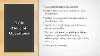 Daily
Mode of
Operations
• Most important part of your plan
• Details what you will do each day to grow
your business
• Details how much time you will commit to
your business daily
• Ideally, 5-10 simple things you will do every
day, no matter what
• Focused on income producing activities:
meeting people, retailing, recruiting,
following-up, closing, launching reps, training
team
• Example on next page
 