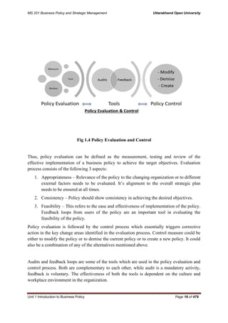 MS 201 Business Policy and Strategic Management Uttarakhand Open University
Unit 1 Introduction to Business Policy Page 16 of 479
Fig 1.4 Policy Evaluation and Control
Thus, policy evaluation can be defined as the measurement, testing and review of the
effective implementation of a business policy to achieve the target objectives. Evaluation
process consists of the following 3 aspects:
1. Appropriateness – Relevance of the policy to the changing organization or to different
external factors needs to be evaluated. It’s alignment to the overall strategic plan
needs to be ensured at all times.
2. Consistency – Policy should show consistency in achieving the desired objectives.
3. Feasibility – This refers to the ease and effectiveness of implementation of the policy.
Feedback loops from users of the policy are an important tool in evaluating the
feasibility of the policy.
Policy evaluation is followed by the control process which essentially triggers corrective
action in the key change areas identified in the evaluation process. Control measure could be
either to modify the policy or to demise the current policy or to create a new policy. It could
also be a combination of any of the alternatives mentioned above.
Audits and feedback loops are some of the tools which are used in the policy evaluation and
control process. Both are complementary to each other, while audit is a mandatory activity,
feedback is voluntary. The effectiveness of both the tools is dependent on the culture and
workplace environment in the organization.
 